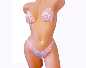 LINED Luxury Lace Baby Pink & Rhinestones! Clear invisible elastic adjustable straps. Stripper store outfits exotic dancewear pole
