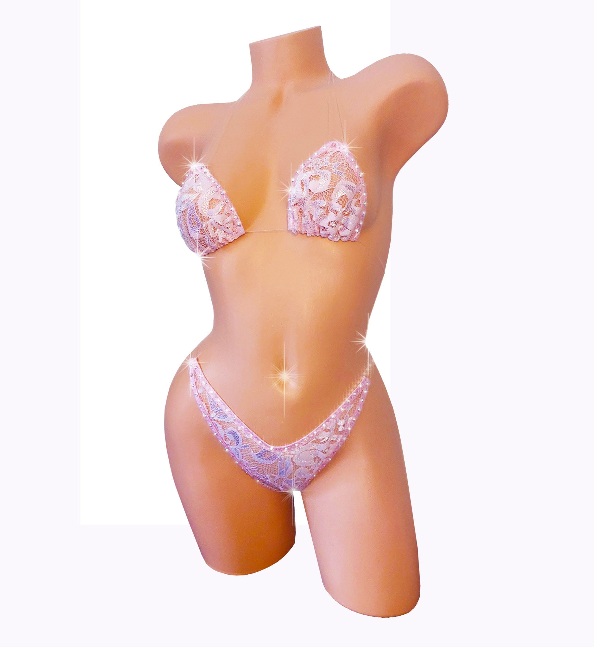 LINED Luxury Lace Baby Pink & Rhinestones! Clear invisible elastic adjustable straps. Stripper store outfits exotic dancewear pole