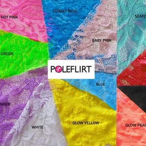 Pu&ograve; includere: Un collage di campioni di tessuto in pizzo in vari colori, tra cui rosa acceso, blu cobalto, rosa tenue, verde schiuma di mare, rosso, verde fluo, lavanda, bianco, giallo fluo, blu, nero e pesca fluo, con il testo POLEFLIRT in un riquadro bianco.