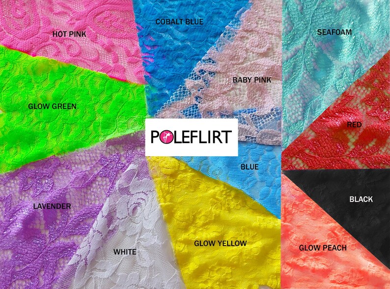 Pu&ograve; includere: Un collage di campioni di tessuto in pizzo in vari colori, tra cui rosa acceso, blu cobalto, rosa tenue, verde schiuma di mare, rosso, verde fluo, lavanda, bianco, giallo fluo, blu, nero e pesca fluo, con il testo POLEFLIRT in un riquadro bianco.
