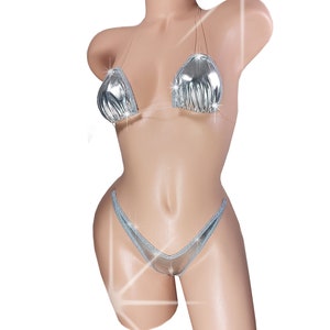 Silver Metallic Adjustable clear straps invisible elastic Cup sizesAA - DD Bottom SizesXS - XL stripper pole exotic thong string bikini