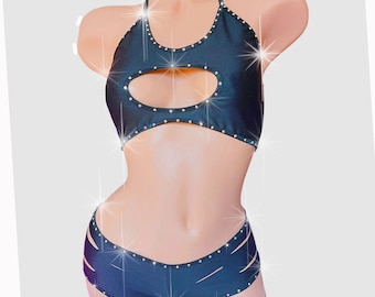 Shorts mit geschlitzten Strasssteinen und Krawatte mit Peek-a-boo-Ausschnitt, Crop-Top-Designer-Set ~ Stripper-Outfits, Poledance-Kleidung, exotische Tanzkleidung, Rave-Clubkleidung