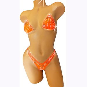 NEW NEON Trim & Fabric GLOWS In Black Light! Orange Rhinestone clear elastic!  AAcup - DDcups Stripper store outfits  exotic dancewear pole