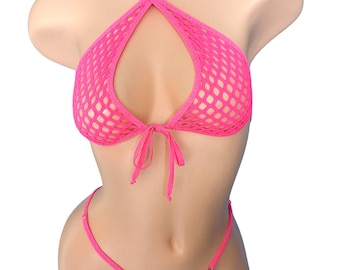 Pink Fishnet Halter Tie G-string Set - Mix & Match sizes - Fully Lined sizes Xs to XL - Rave Stripper Exotic dancewear Pole * AA to DD