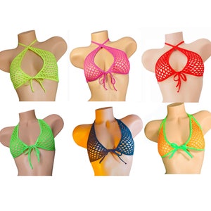 Fischnetz Neckholder Top: Voll gefüttert, Rave Festival Exotic Dancewear, Schwarzlicht Glow