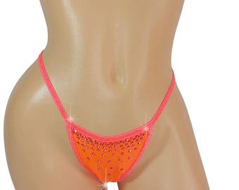 Neon Orange Rhinestone Thong: Adjustable Strap, Glows in Black Light