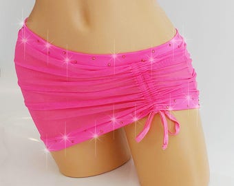 Glow Pink drawstring sheer Mesh Rhinestone Micro Mini skirt- Glow in Black Light! Stripper outfits exotic dancer pole dance *