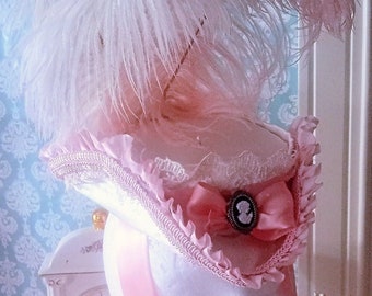 Marie Antoinette/ Rococo (or Late Baroque) Style CHILD'S Tricorn Hat in Ivory Satin w/ Pink Accents & Ostrich Plumes