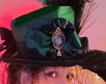 Victorian/ Steampunk/Belle Epoque Ladies Top Hat  in Green Satin w/Ostrich Plumes & choice of Cameo Brooch (3 Graces or Maiden)