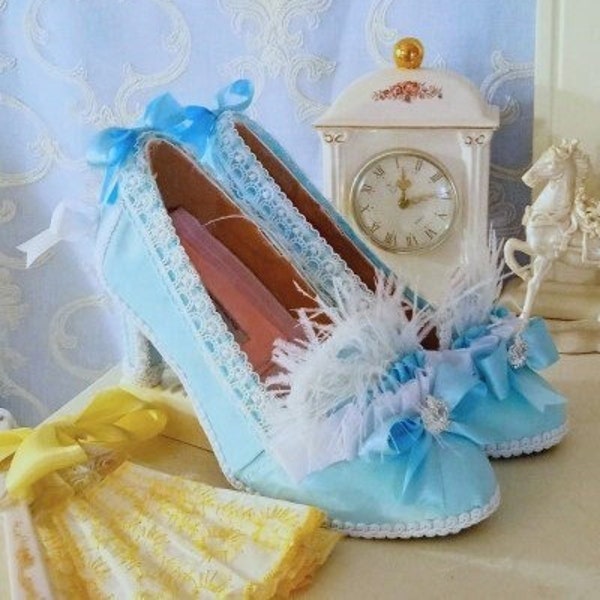 Marie Antoinette/Rococo/ Late Baroque Style Wedding/ Boudoir/ Burlesque Costume Pumps Ice Blue w/ White Ostrich Feather & Crown Charms