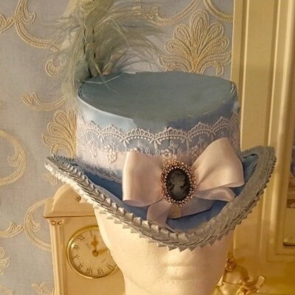 Victorian/ Bustle Era Small Ladies Top Hat in Sky Blue w/ Cameo Brooch & Ostrich Plumes