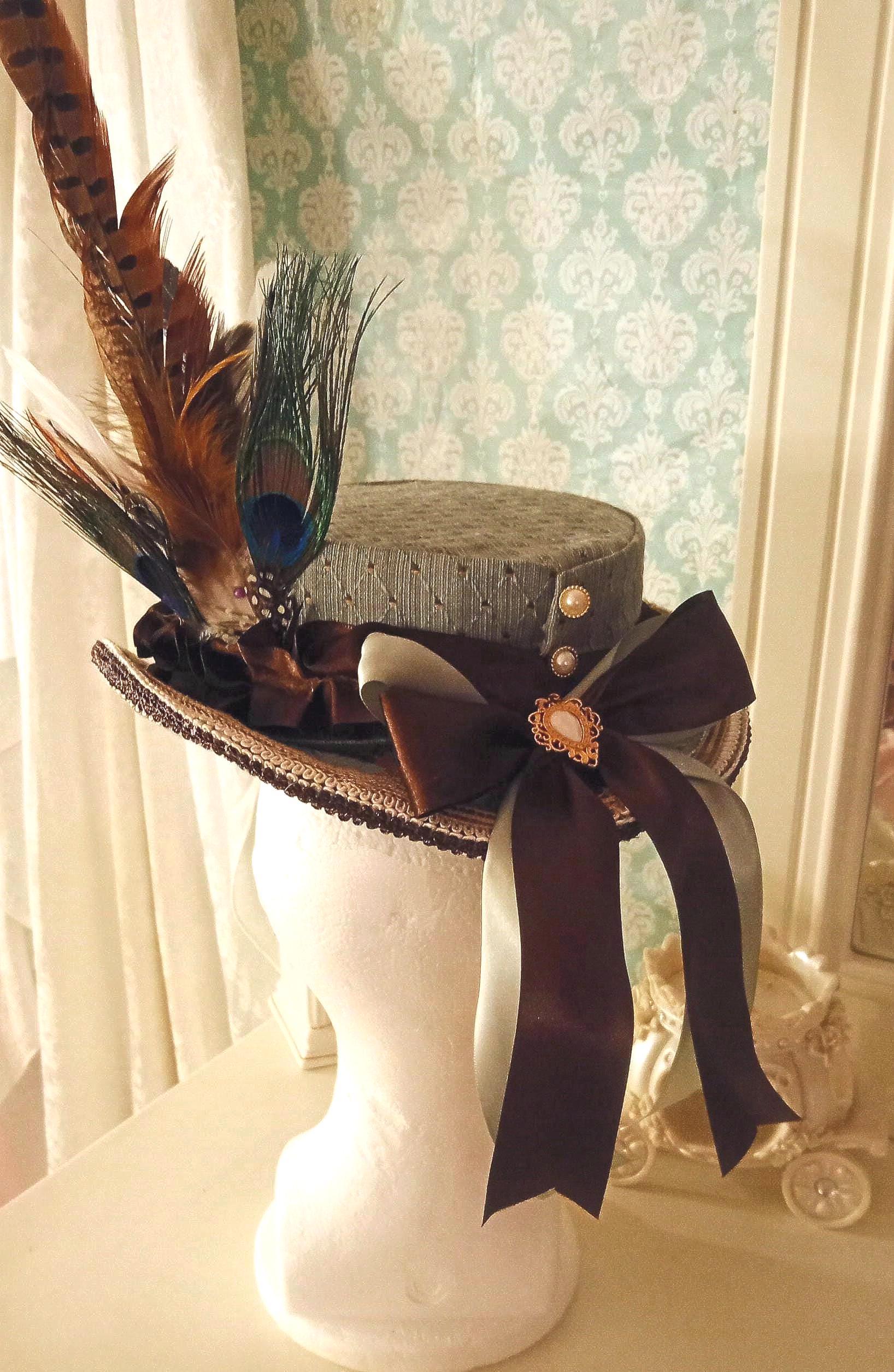 Victorian Style Hunting Hat: Sage Cotton Twill With Pheasant  display picture 1