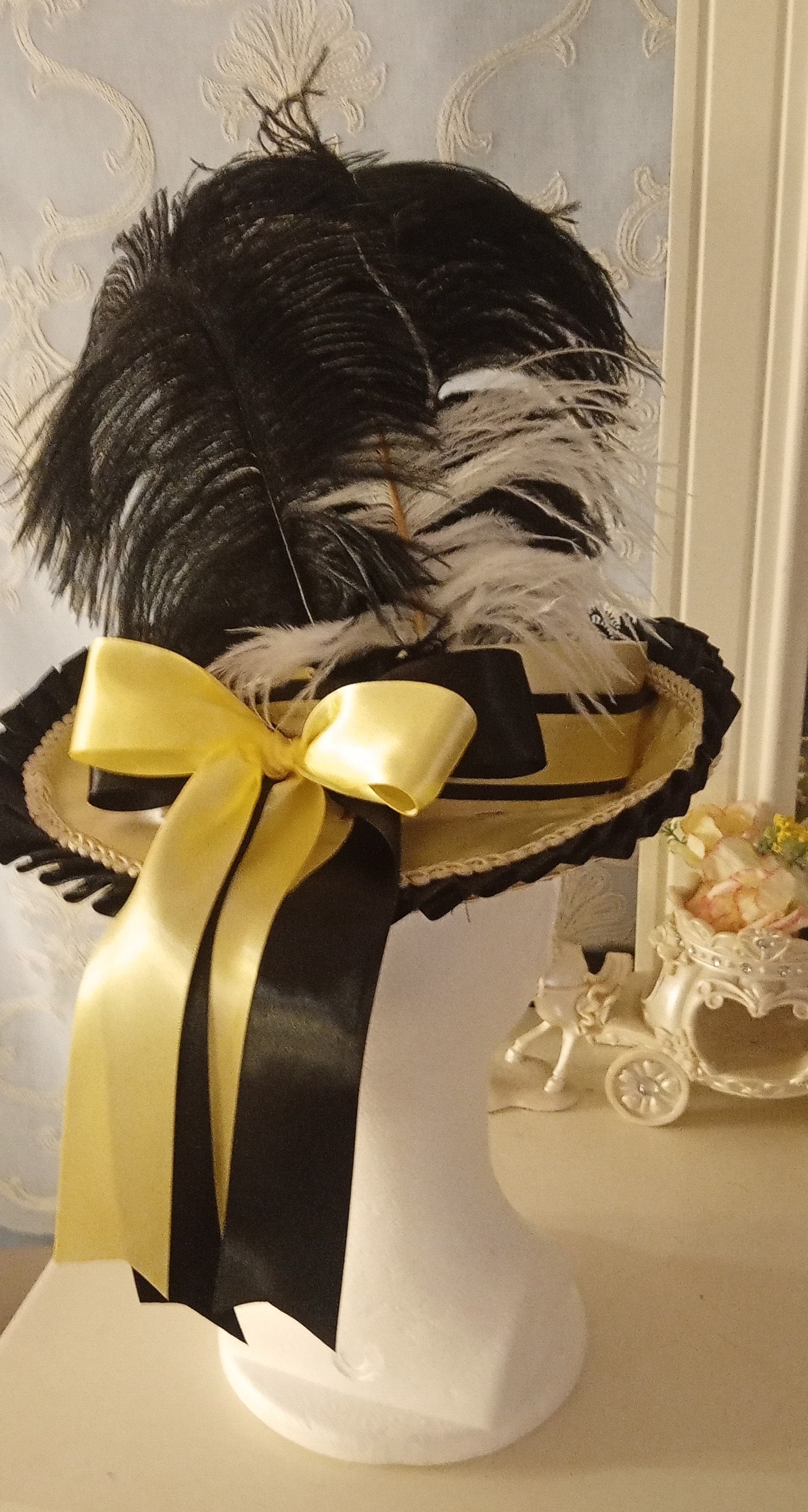 Marie Antoinette Tricorn Hat: Buttercream Silk, Black Lace 