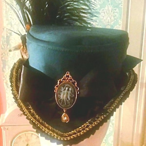 Belle Epoque Green Satin Top Hat: Feather Pad, Cameo Brooch