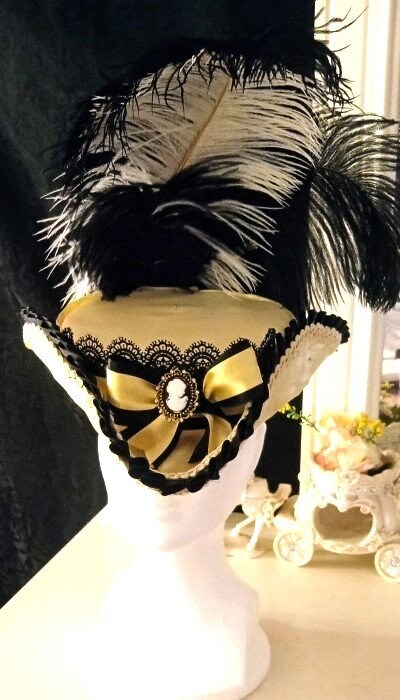 Marie Antoinette Tricorn Hat: Buttercream Silk, Black Lace  display picture 3