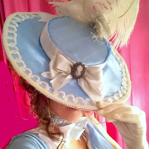 Versailles Style Ladies Hat  in Powder Blue Satin w/ Ostrich Plumes (with Pearl or Cameo Brooch and Grey or White Trim)