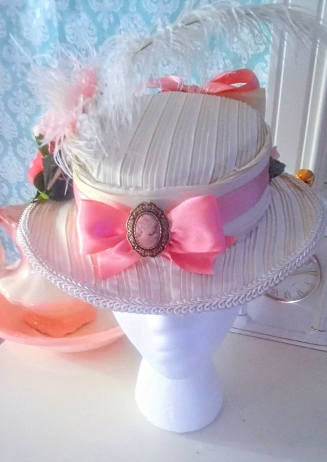 Victorian Ivory Satin Day Hat: Flowers, Feathers, Brooch - Etsy display picture 2