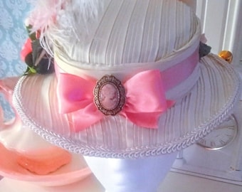 Victorian Ivory Satin Day Hat: Flowers, Feathers, Brooch