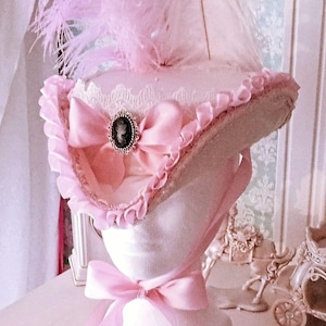 Marie Antoinette Tricorn Hat: Ivory Satin, Pink Accents & Ostrich Plumes