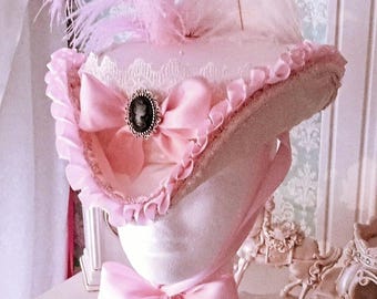 Marie Antoinette Tricorn Hat in cream Duchess Silk Satin w/ Pink Accents & Ostrich Plumes