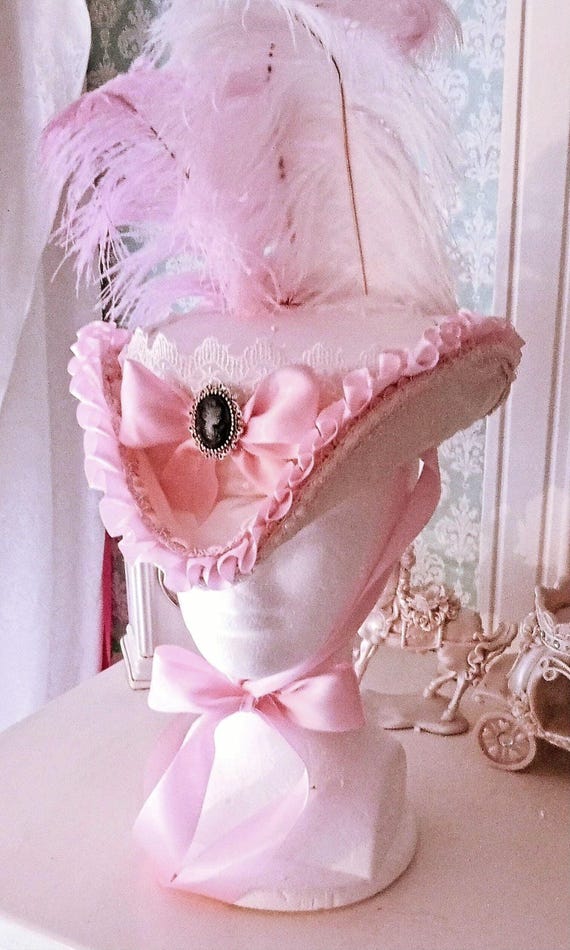 Marie Antoinette Tricorn Hat in Cream Duchess Silk Satin W/ Pink