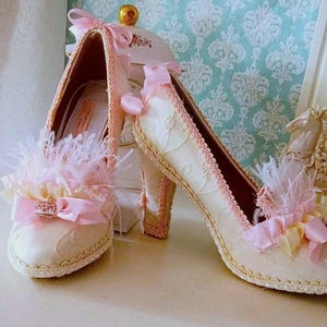 Rococo Marie Antoinette Pumps: Ivory Lace, Pink Ribbon, Ostrich Feather Trim