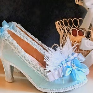 Women&#39;s Rococo Shoes/Marie Anoinette Inspired Boudoir/ Burlesque/Wedding Pumps Ice Blue w/ White Ostrich Feather & Crown Charms