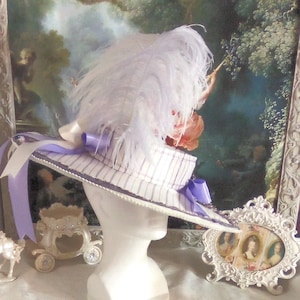 Victorian Style (or Late Georgian) Gainsborough Hat in Authentic Striped Silk w/ Ostrich Plumes and Buyer's choice of Cameo Brooch