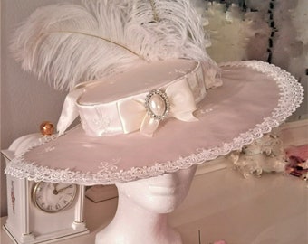 Belle Epoque Style Ladies Kentucky Derby Hat in Cream/ Ivory Taffeta w/ Embroidered Fleur de Lis & Ostrich Plumes