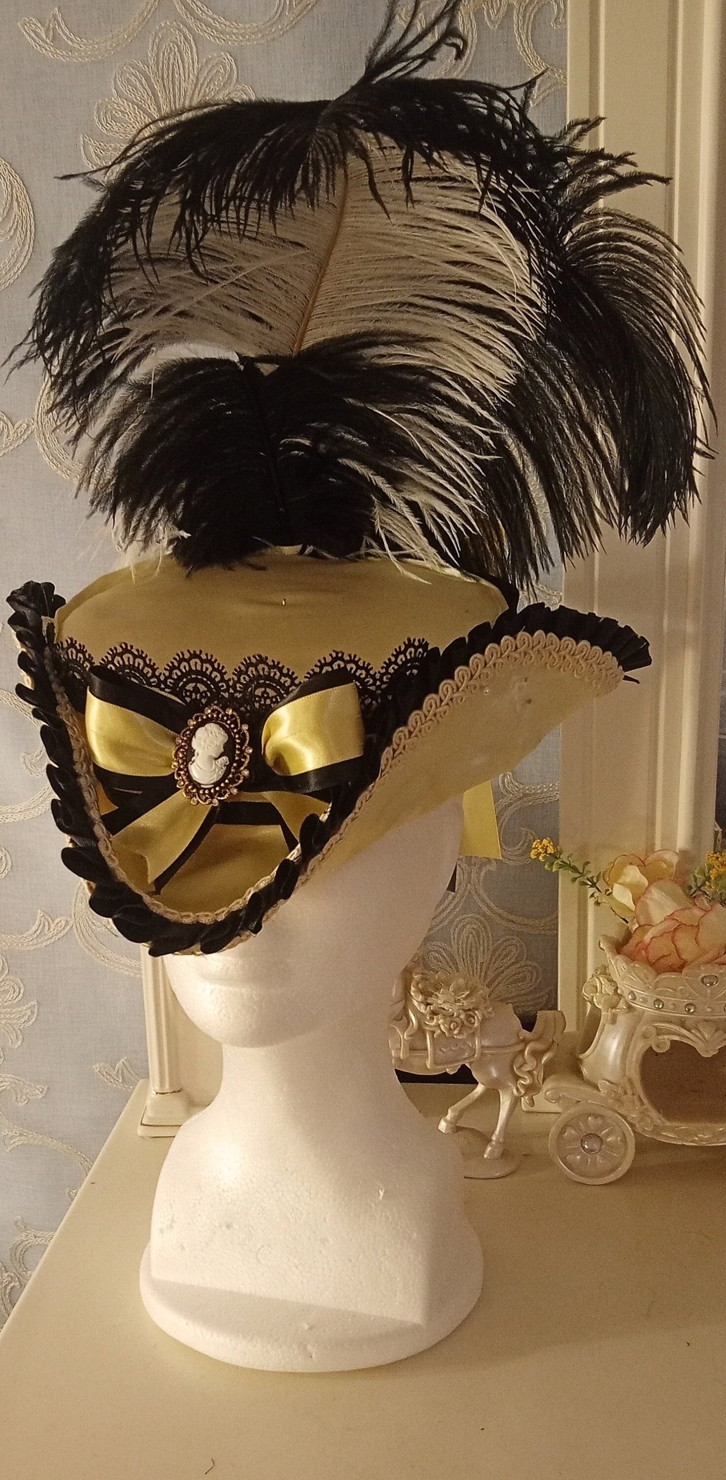 Black and Gold Ladies Marie Antoinette Masquerade Tricorn Lace and Ribbon Hat Marie Antoinette Tricorn Hat: Buttercream Silk, Black Lace  main image 4
