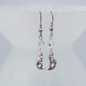 Handmade Silver Toned Crescent Moon Dangle Earrings, Moon Lover Gift, Handmade Moon Lover Jewelry