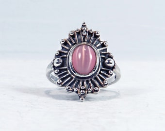 Vintage Antiqued 925 Sterling Silver Ring with Pink Cat's Eye Stone / Size 7.25 Ring / Southwest Style Ring for Women