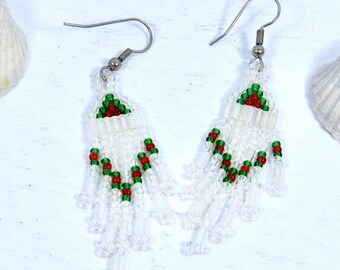 Handmade Dangle Earrings, Beaded Drop Earrings, Clear Beaded Earrings With Green and Red Trim, Lightweight Seed Bead Earrings, Gift for Her