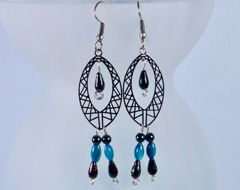 Chandelier Earrings / Silver Earrings / Hematite Jewelry / Long Dangle Earrings / Blue Earrings / Boho Earrings