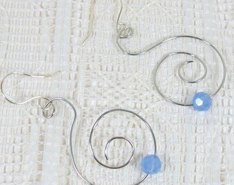 Lightweight Handmade Silver Dangle Spiral Earrings with Blue Stone, Drop Earrings with French Hook, Dressy Earrings, Gift for Women