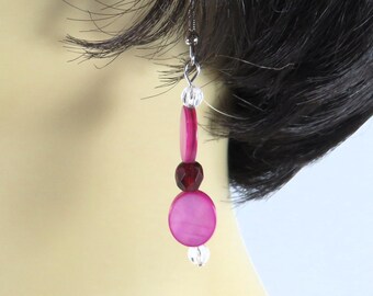 Handmade Magenta Shell Dangle Earrings with Crystal Beads / Gift For Her / Handmade Jewelry / Hot Pink Earrings For Women