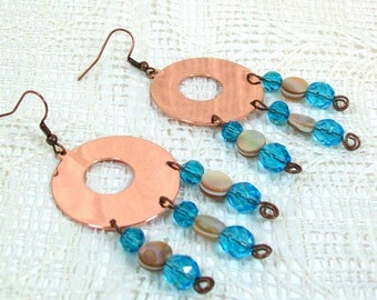 Handmade Copper Chandelier Earrings / Crystal Dangle Earrings / Blue Crystal Earrings / Gift for Her / Handmade Jewelry