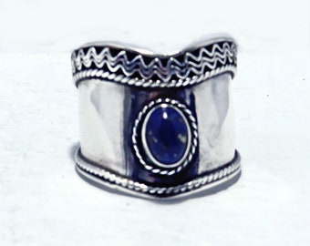 Vintage Sterling Silver Ring with Wide Band and Lapis Lazuli Stone / 925 Sterling Silver Jewelry / Gemstone Statement Ring