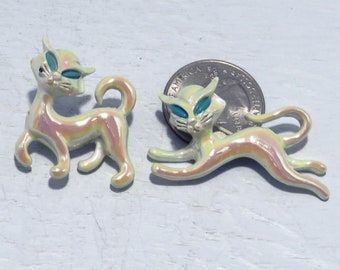 Set of 2 Vintage Iridescent Enamel Siamese Cat Brooches with Turquoise Eyes / White Cat Pins / Vintage Jewelry for Girls / Gift For Her