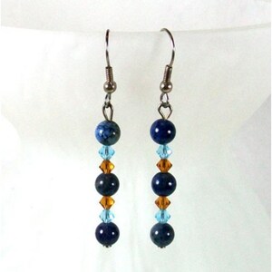 Blue Sodalite Dangle Earrings with Crystal, Boho Gemstone Jewelry, Gift for Woman, Unique Casual Jewelry, Versatile Dressy Earrings