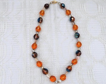 Handmade Orange and Brown Crystal Necklace 16 Inches For Women, Gift for Women, Vintage Necklace