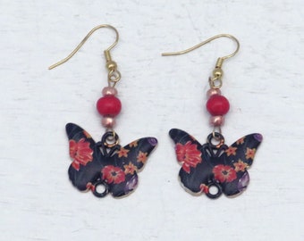 Handmade Dangle Black Butterfly Earrings with Red Flowers, Butterfly Lover Earrings, Gift for Women, Butterfly Lover Gift