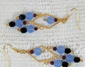 Long Handmade Chandelier Earrings on Gold Toned Diamond Shape, Garnet Earrings for Women, Blue Glass Boho Earrings, Gift for Her