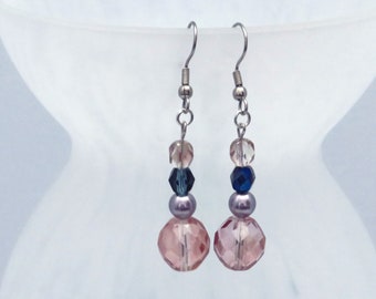 Handmade Crystal and Pearl Dangle Earrings for Women, Drop Earrings with Pink and Blue Crystal Beads, Gift for Her, Sparkly Earrings