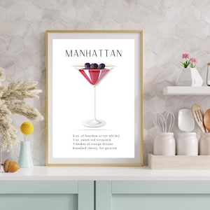 Manhattan Cocktail Recipe Print | Classic Whiskey Drink Wall Art | Vintage Bar Decor | Cocktail Lover