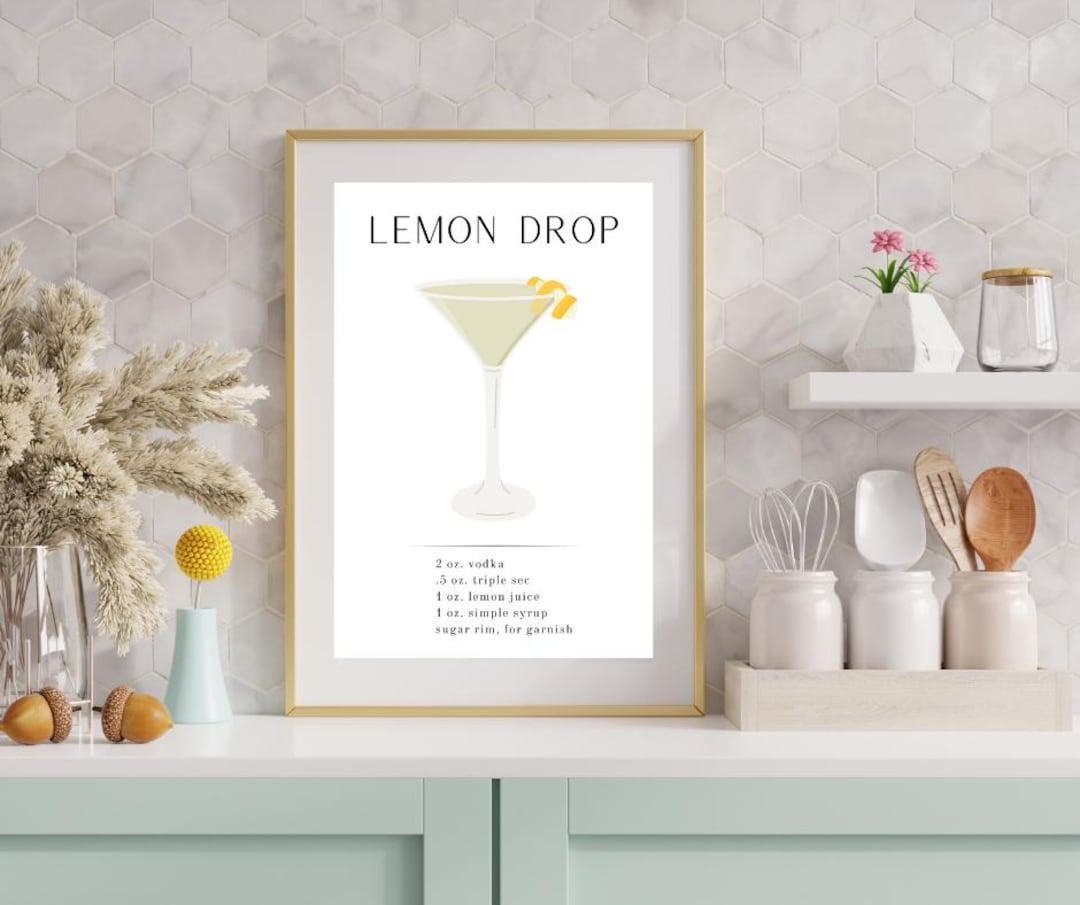 Lemon Drop Cocktail Recipe Art Print | Watercolor Drink Illustration ...