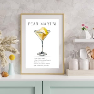 Akwarela Pear Martini Art Print | Przepis na Pear Martini Art | Wydruk koktajlowy | Sztuka wózka barowego Pear Martini