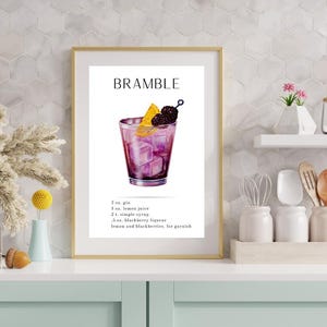 Akwarela Bramble Cocktail Art Print | Bar Cart Art | Wydruk przepisu na koktajl | Bramble Cocktail