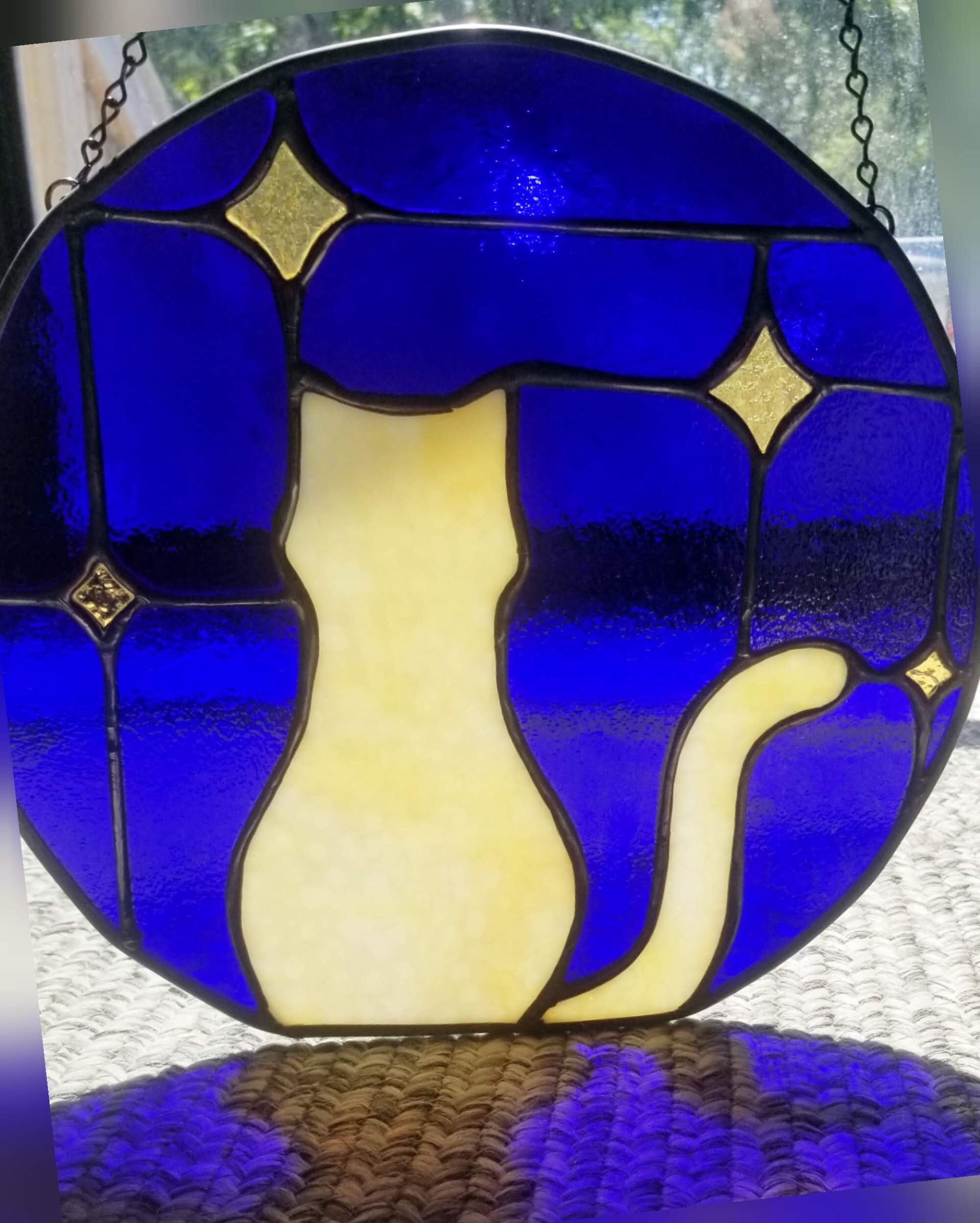 Cat in Nighttime Window Stained Glass Panel - Etsy
