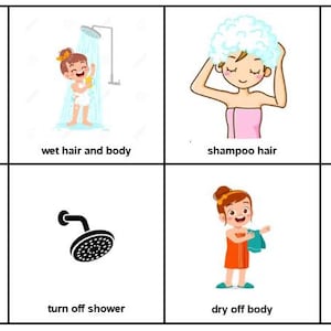 Peut inclure: Une grille de huit illustrations illustrant les étapes de la douche avec des étiquettes textuelles : turn on shower, wet hair and body, shampoo hair, wash body, rinse hair and body, turn off shower, dry off body, et get dressed.